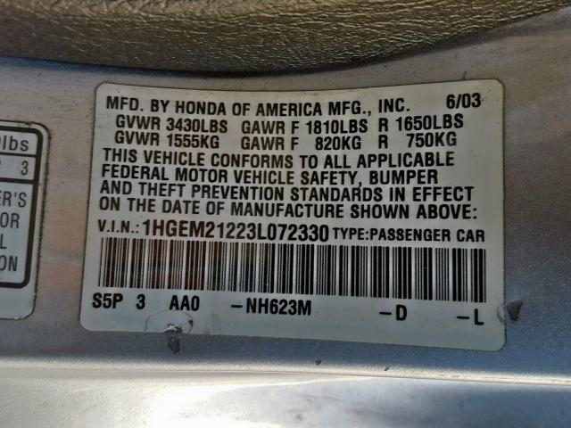 1HGEM21223L072330 - 2003 HONDA CIVIC DX SILVER photo 10