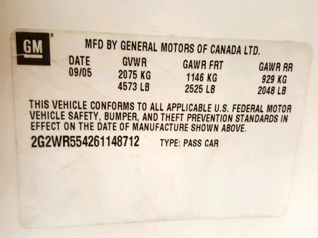 2G2WR554261148712 - 2006 PONTIAC GRAND PRIX WHITE photo 10