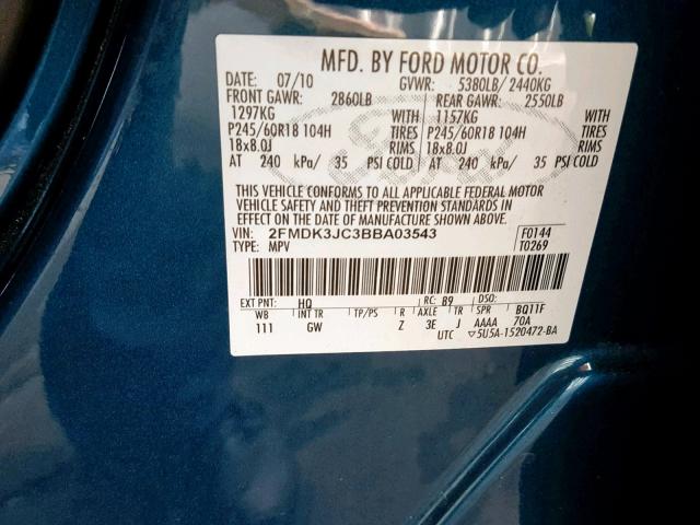 2FMDK3JC3BBA03543 - 2011 FORD EDGE SEL BLUE photo 10