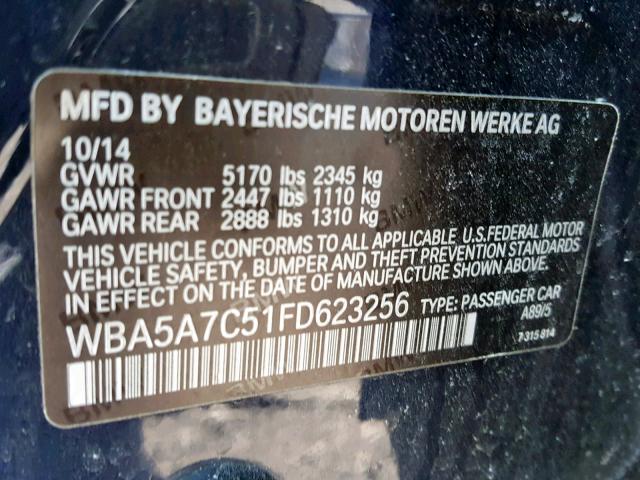 WBA5A7C51FD623256 - 2015 BMW 528 XI BLUE photo 10