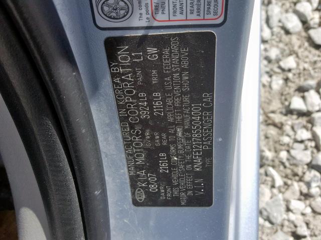 KNAFE121785504001 - 2008 KIA SPECTRA EX BLUE photo 10