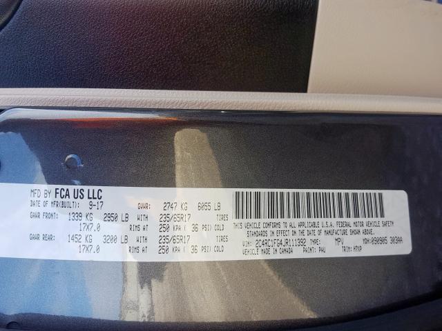 2C4RC1FG4JR111392 - 2018 CHRYSLER PACIFICA TOURING PLUS  photo 10