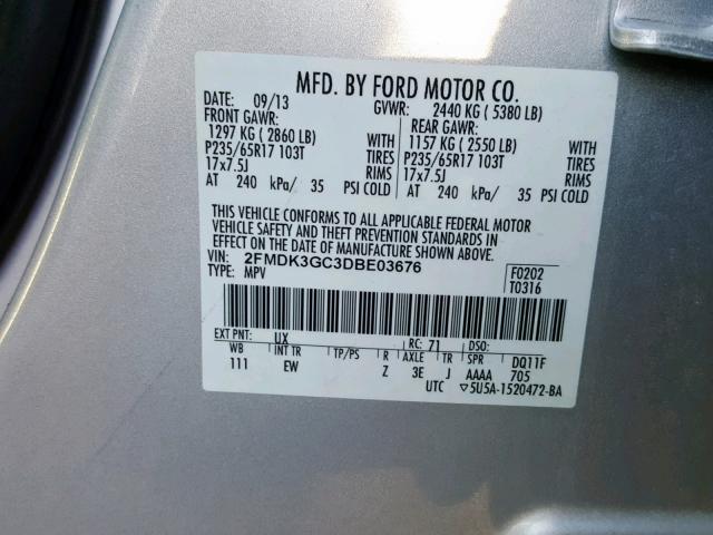 2FMDK3GC3DBE03676 - 2013 FORD EDGE SE SILVER photo 10