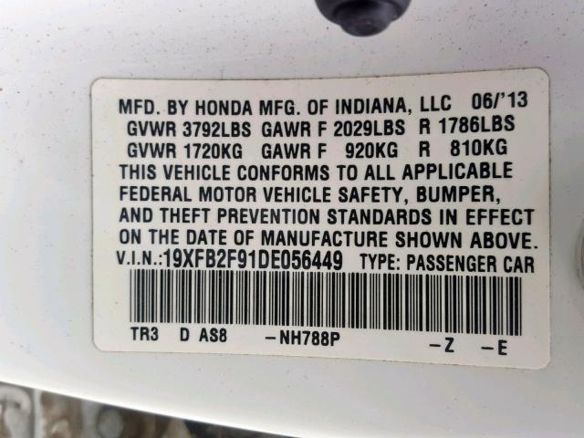 19XFB2F91DE056449 - 2013 HONDA CIVIC EXL WHITE photo 10