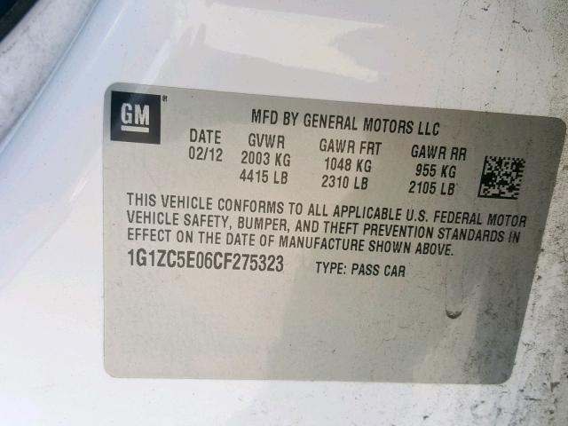 1G1ZC5E06CF275323 - 2012 CHEVROLET MALIBU 1LT თეთრი ფოტო 10