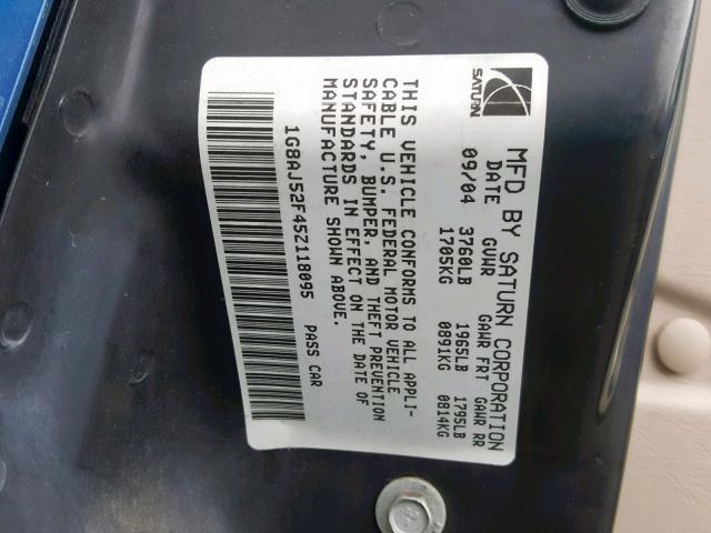 1G8AJ52F45Z118095 - 2005 SATURN ION LEVEL BLUE photo 10