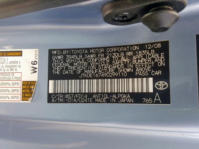 JTKDE167490299110 - 2009 TOYOTA SCION TC ლურჯი ფოტო 10