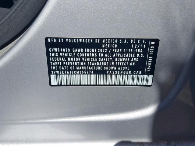 3VW2K7AJ8CM355774 - 2012 VOLKSWAGEN JETTA BASE 银色 照片 10