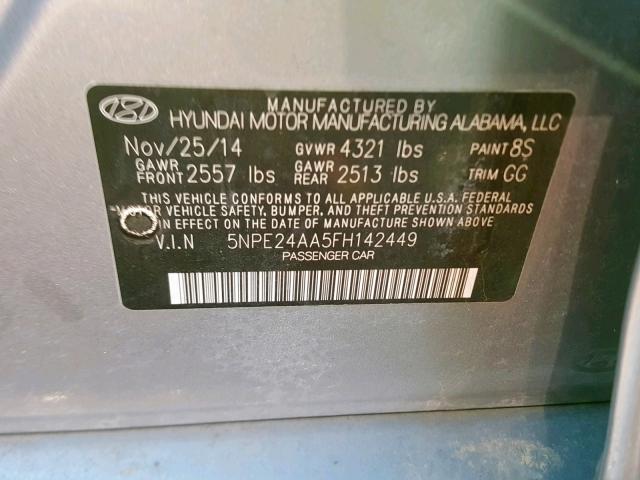 5NPE24AA5FH142449 - 2015 HYUNDAI SONATA ECO SILVER photo 10