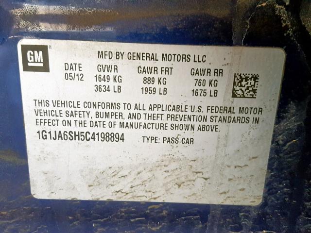 1G1JA6SH5C4198894 - 2012 CHEVROLET SONIC LS 蓝色 照片 10