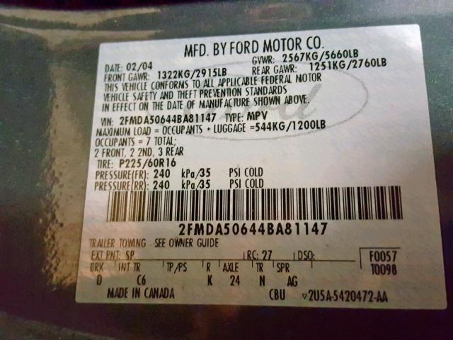 2FMDA50644BA81147 - 2004 FORD FREESTAR S BLUE photo 10