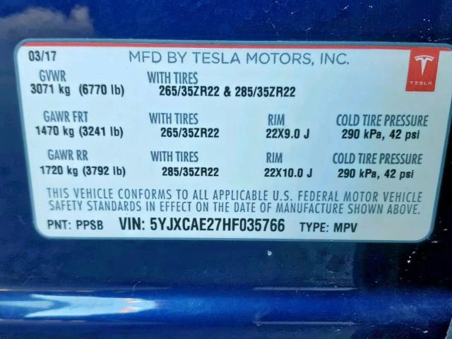 5YJXCAE27HF035766 - 2017 TESLA MODEL X BLUE photo 10