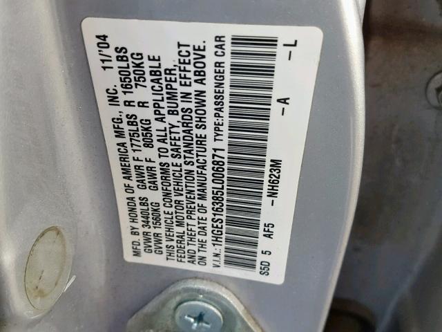 1HGES16385L006871 - 2005 HONDA CIVIC DX V SILVER photo 10