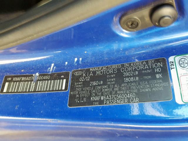 KNAFW6A37C5600460 - 2012 KIA FORTE SX BLUE photo 10