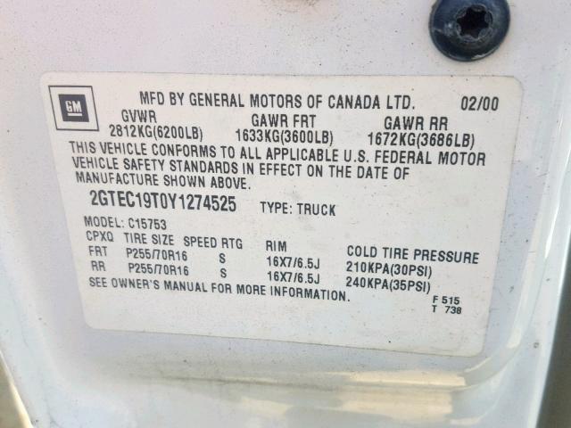 2GTEC19T0Y1274525 - 2000 GMC NEW SIERRA WHITE photo 10