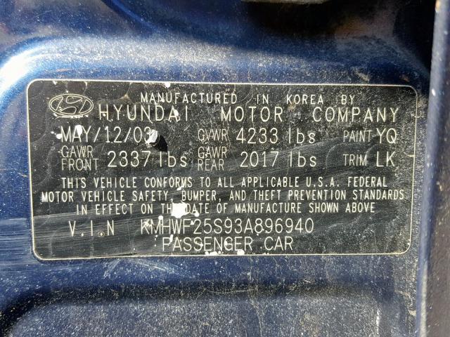 KMHWF25S93A896940 - 2003 HYUNDAI SONATA GL BLUE photo 10