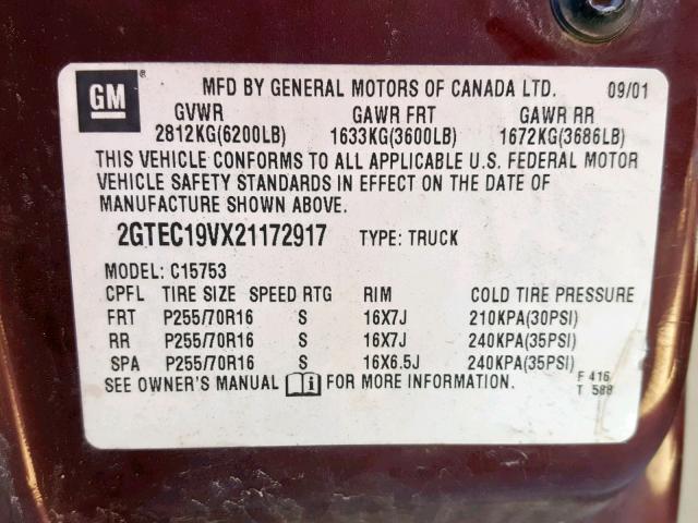 2GTEC19VX21172917 - 2002 GMC NEW SIERRA RED photo 10