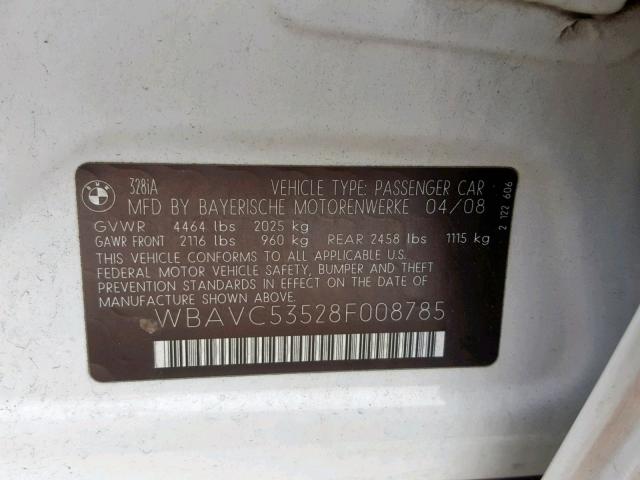 WBAVC53528F008785 - 2008 BMW 328 I SULE WHITE photo 10