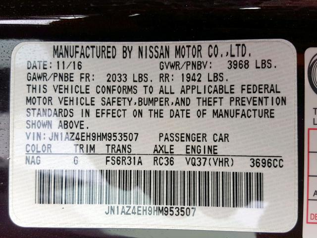 JN1AZ4EH9HM953507 - 2017 NISSAN 370Z BASE WHITE photo 10