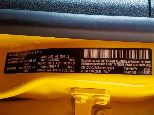 ZACCJBCBXHPE78189 - 2017 JEEP RENEGADE T YELLOW photo 10