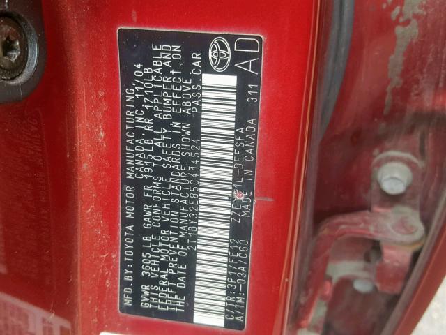 2T1BY32E85C414524 - 2005 TOYOTA COROLLA XR RED photo 10