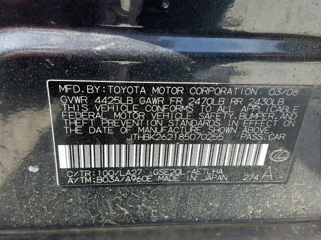 JTHBK262185070255 - 2008 LEXUS IS 250 BLACK photo 10