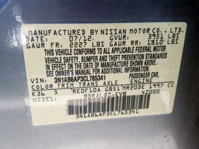 3N1AB6AP3CL765341 - 2012 NISSAN SENTRA 2.0 GRAY photo 10