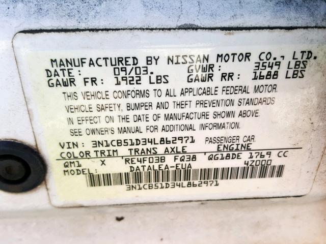 3N1CB51D34L862971 - 2004 NISSAN SENTRA 1.8 WHITE photo 10