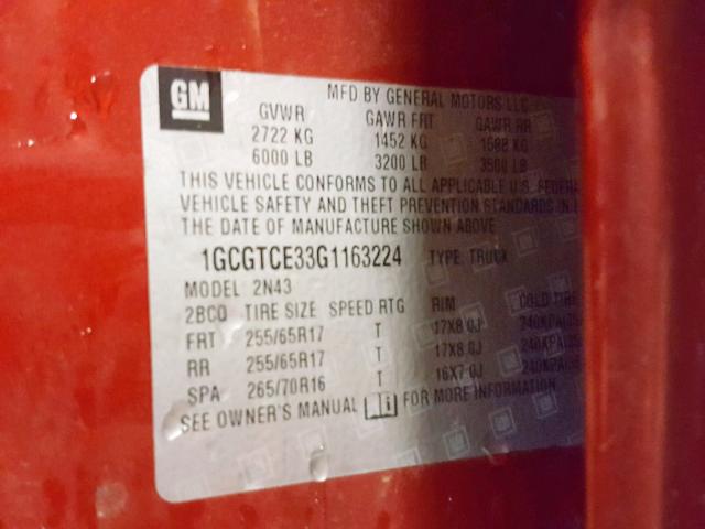 1GCGTCE33G1163224 - 2016 CHEVROLET COLORADO L MAROON photo 10