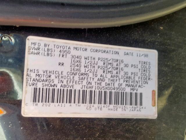 JT6HF10U5X0049500 - 1999 LEXUS RX 300 BLACK photo 10