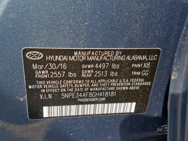 5NPE34AF8GH418181 - 2016 HYUNDAI SONATA SPO BLUE photo 10