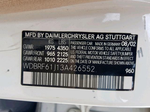 WDBRF61J13A426552 - 2003 MERCEDES-BENZ C 240 WHITE photo 10