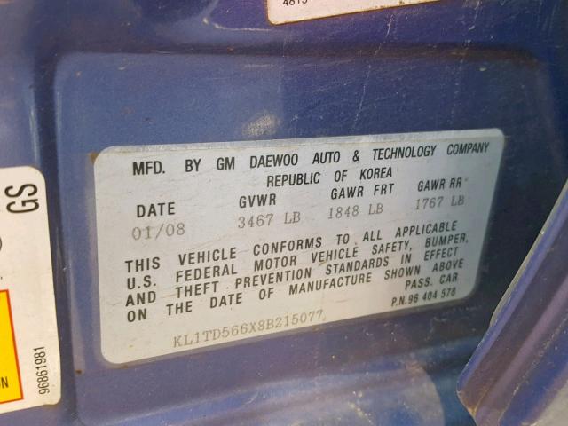 KL1TD566X8B215077 - 2008 CHEVROLET AVEO BASE ლურჯი ფოტო 10