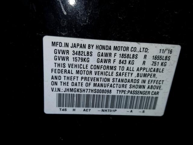 JHMGK5H77HS008098 - 2017 HONDA FIT EX BLACK photo 10