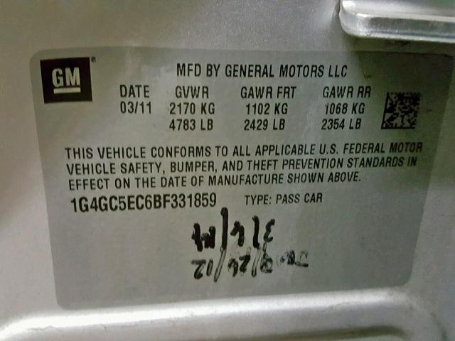 1G4GC5EC6BF331859 - 2011 BUICK LACROSSE C SILVER photo 10