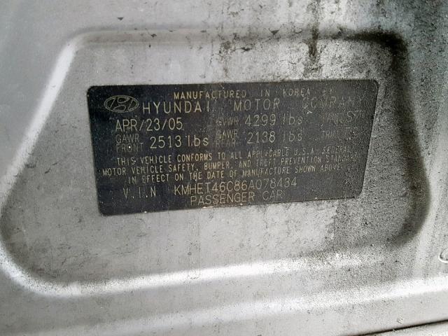 KMHET46C86A078434 - 2006 HYUNDAI SONATA GL SILVER photo 10