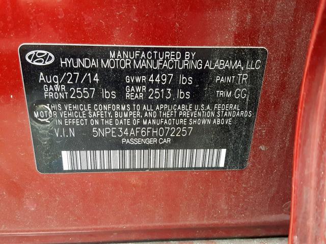 5NPE34AF6FH072257 - 2015 HYUNDAI SONATA SPO RED photo 10