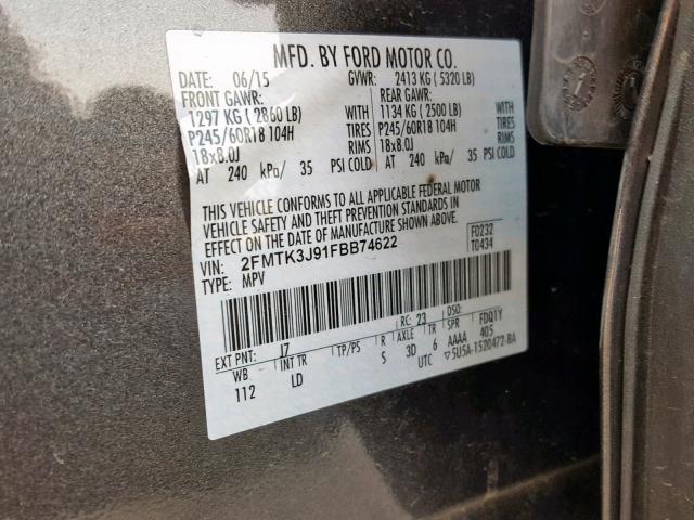 2FMTK3J91FBB74622 - 2015 FORD EDGE SEL CHARCOAL photo 10