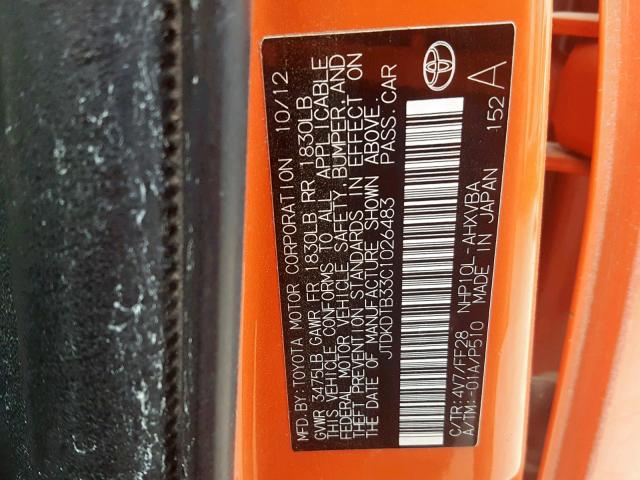 JTDKDTB33C1026483 - 2012 TOYOTA PRIUS C ORANGE photo 10