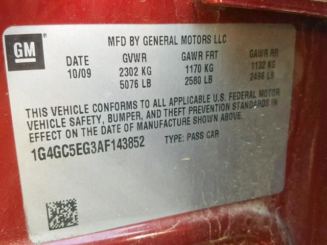 1G4GC5EG3AF143852 - 2010 BUICK LACROSSE C RED photo 10