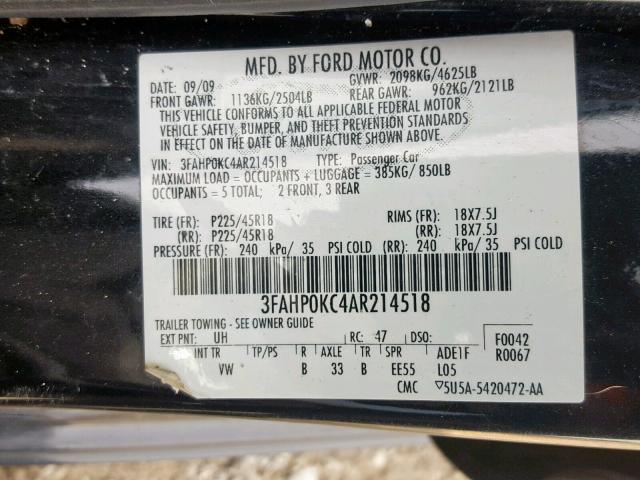 3FAHP0KC4AR214518 - 2010 FORD FUSION SPO BLACK photo 10