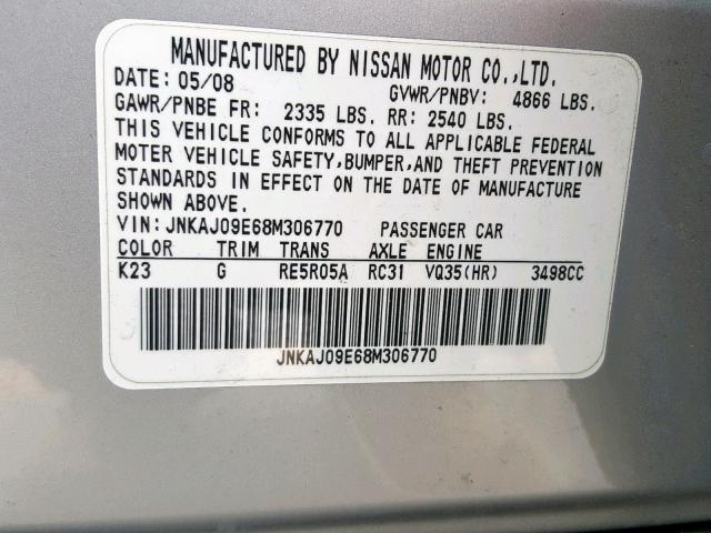 JNKAJ09E68M306770 - 2008 INFINITI EX35 BASE SILVER photo 10