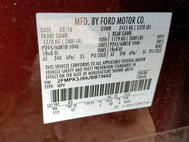 2FMPK3J99JBB73602 - 2018 FORD EDGE SEL MAROON photo 10