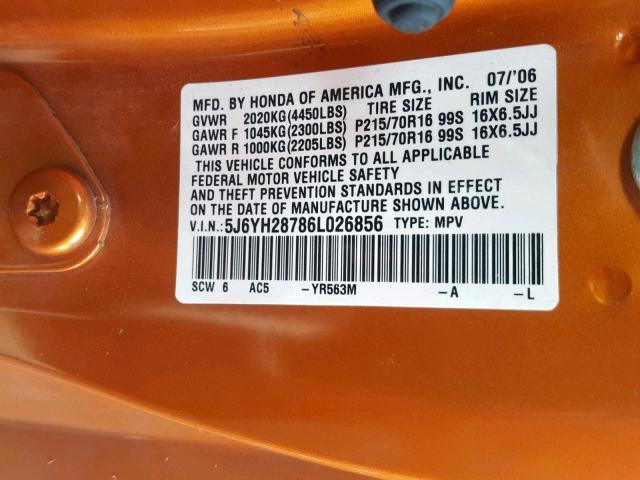 5J6YH28786L026856 - 2006 HONDA ELEMENT EX ORANGE photo 10