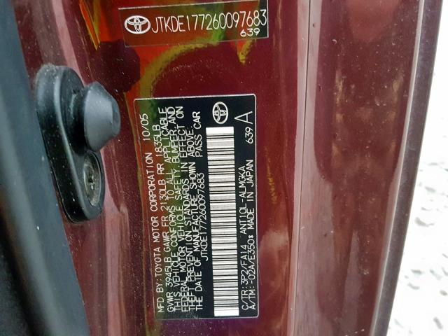 JTKDE177260097683 - 2006 TOYOTA SCION TC MAROON photo 10