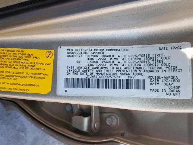 JTJHF10U020257573 - 2002 LEXUS RX 300 GOLD photo 10