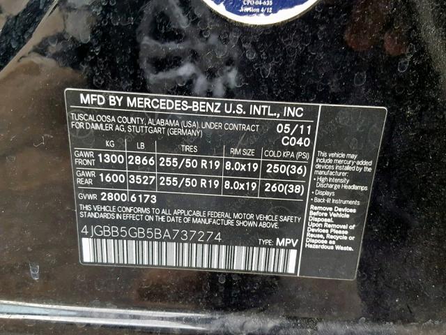 4JGBB5GB5BA737274 - 2011 MERCEDES-BENZ ML 350 BLACK photo 10