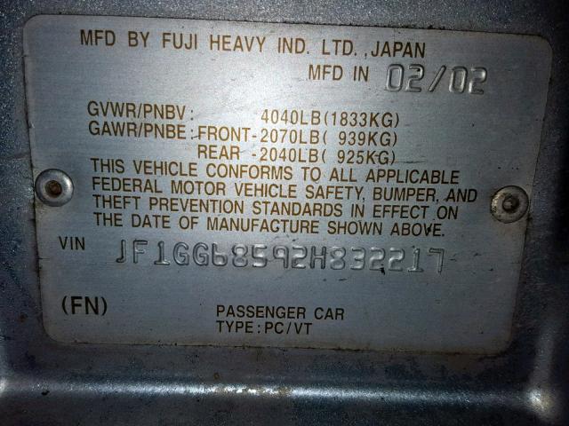 JF1GG68592H832217 - 2002 SUBARU IMPREZA OU SILVER photo 10