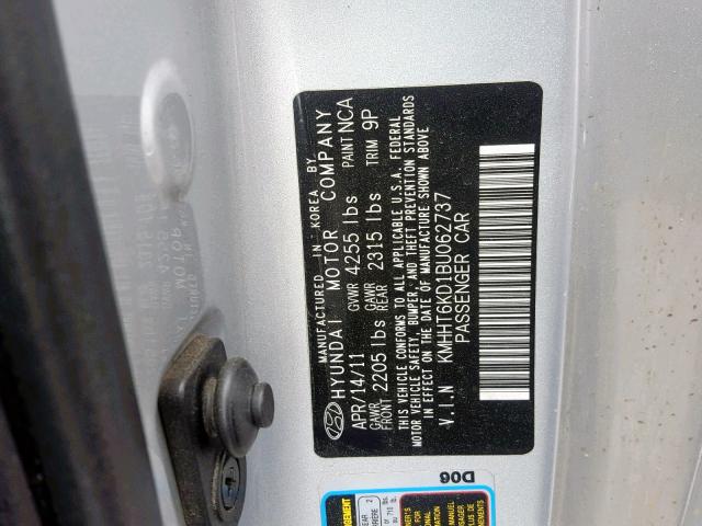 KMHHT6KD1BU062737 - 2011 HYUNDAI GENESIS CO SILVER photo 10