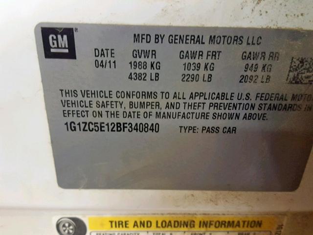 1G1ZC5E12BF340840 - 2011 CHEVROLET MALIBU 1LT თეთრი ფოტო 10